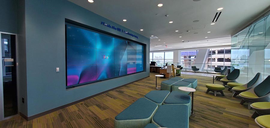 5 by 3 screen LED video wall installed in a Florida Blue insurance office