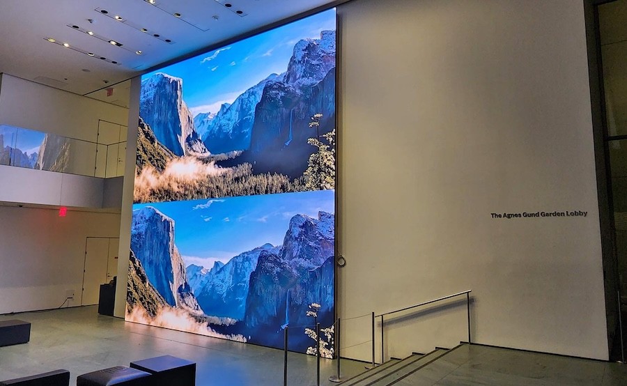 A video wall display in a lobby. 